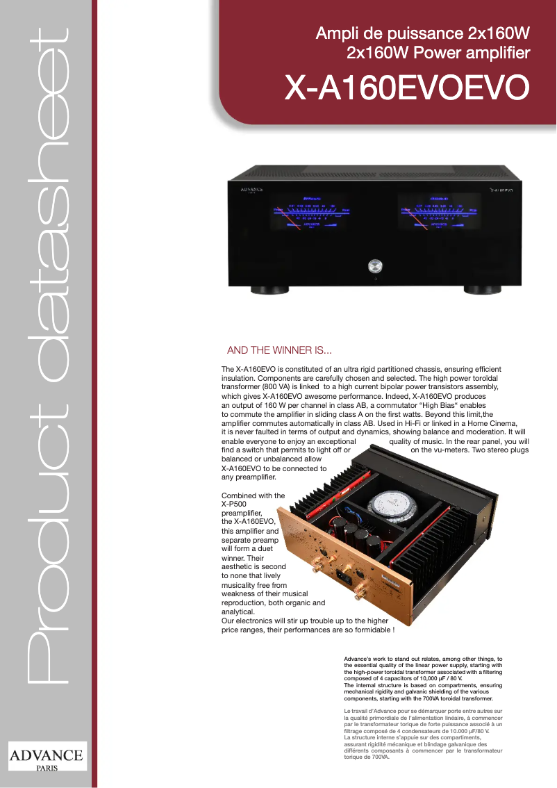 Page 1 de la notice Fiche technique Advance X-A160 EVO