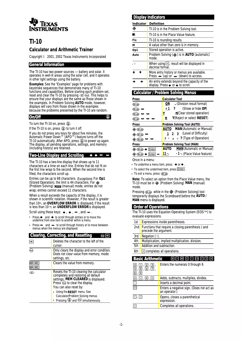 Page n°1 - Manuel utilisateur Texas Instruments TI-10