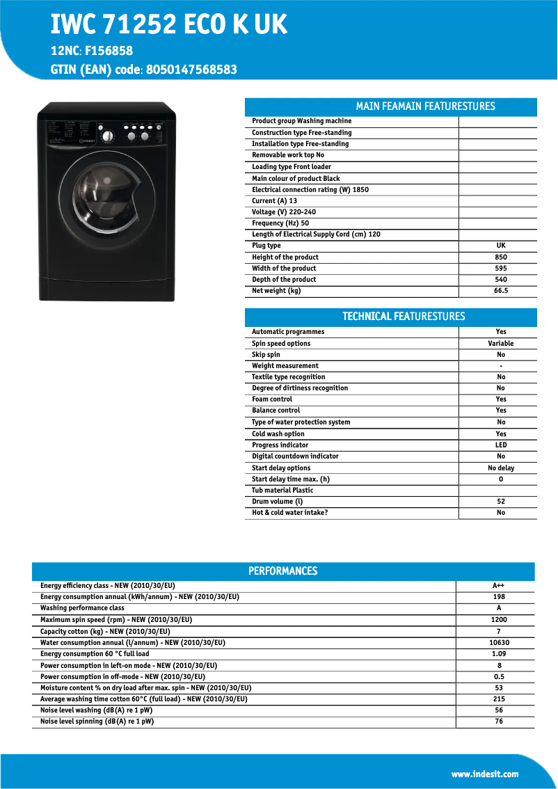Page 1 de la notice Manuel utilisateur Indesit IWC 71252 ECO K UK