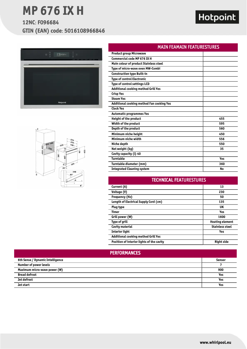 Page 1 de la notice Fiche technique Hotpoint MP 676 IX H