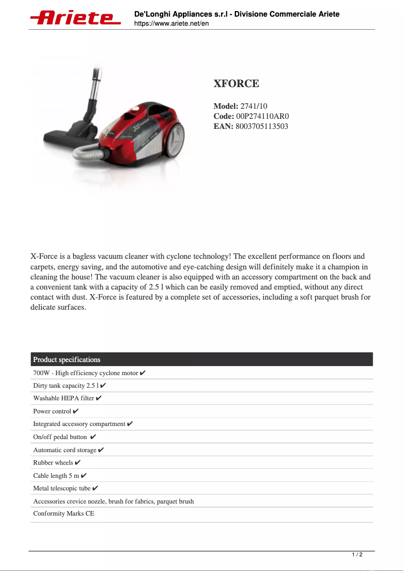 Page 1 de la notice Fiche technique Ariete XForce 2741
