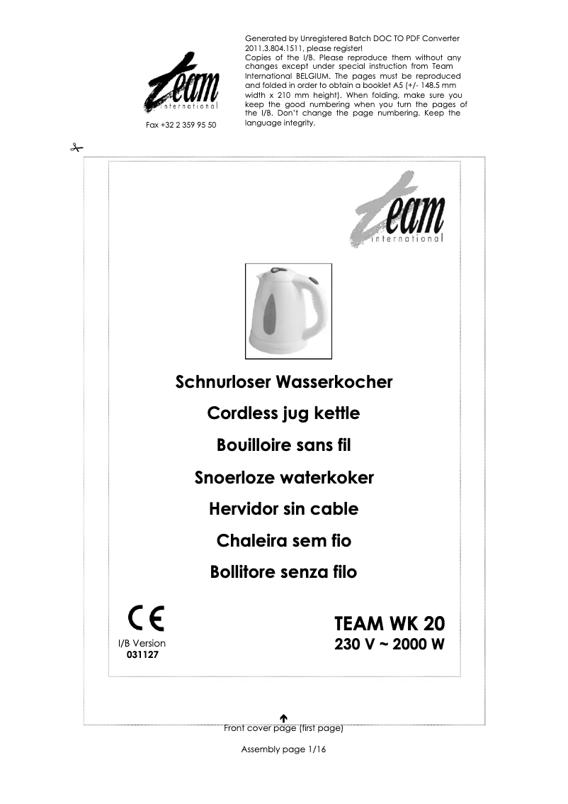 Page 1 de la notice Manuel utilisateur Team WK 20