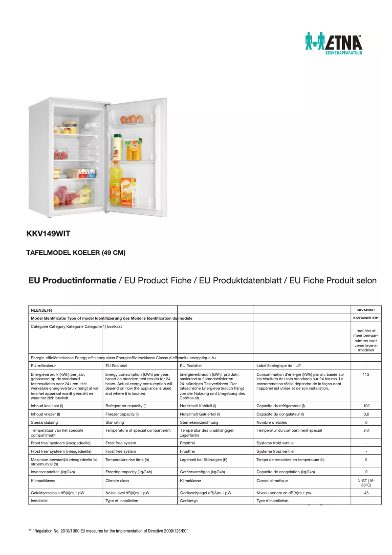 Page 1 de la notice Fiche technique Etna KKV149WIT
