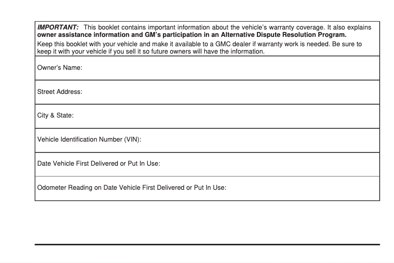 Page 1 de la notice Informations de garantie GMC Sierra (2009)