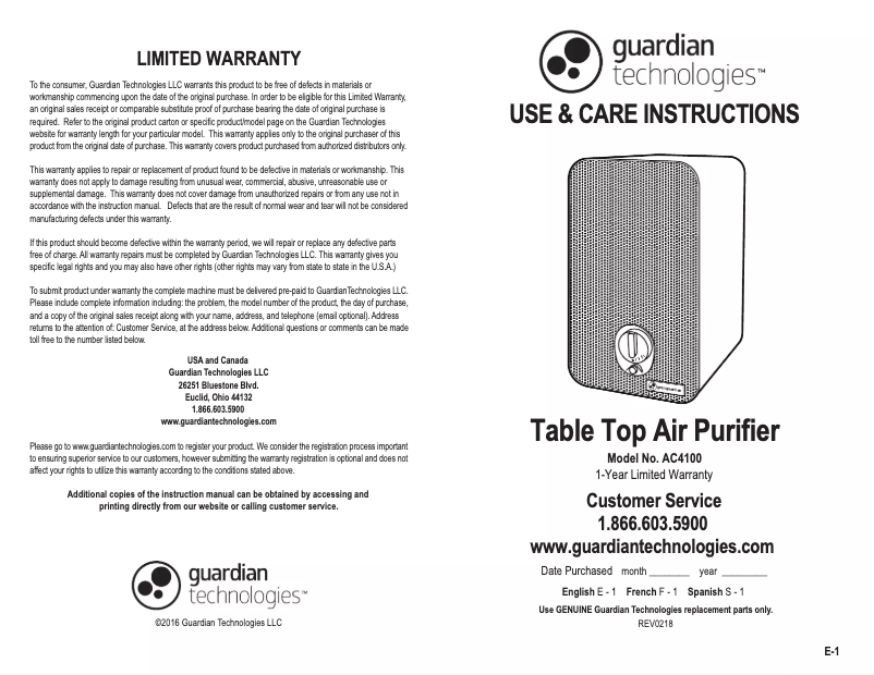 Page n°1 - Manuel utilisateur Guardian GermGuardian AC41001