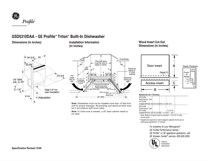 Page 1 de la notice Fiche technique GE Profile Triton GSD5310DAA