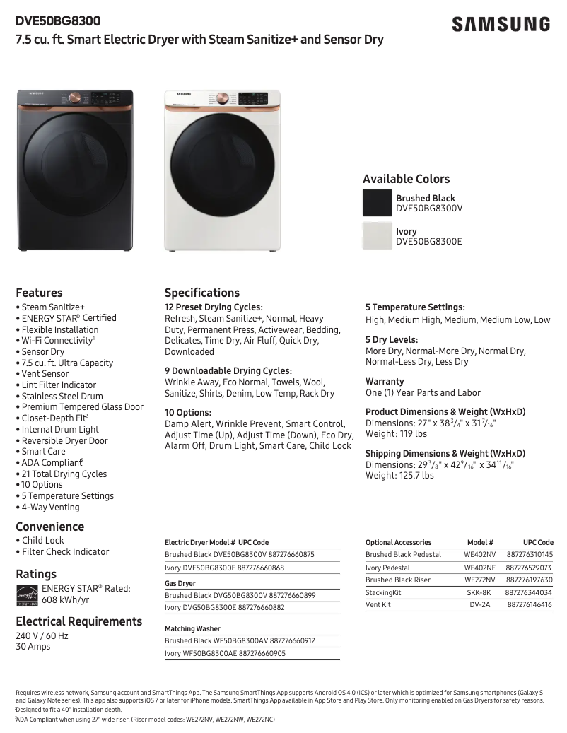 Page 1 de la notice Fiche technique Samsung DVE50BG8300E