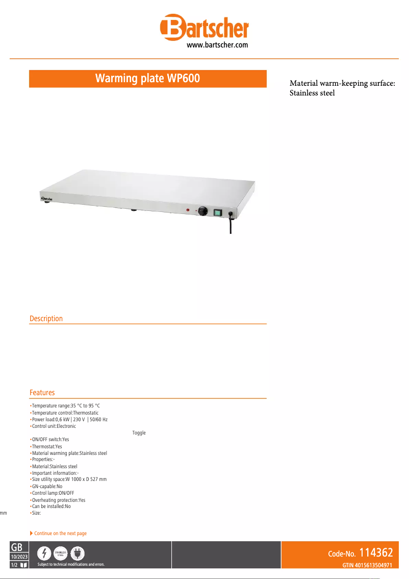 Page n°1 - Fiche technique Bartscher 114362
