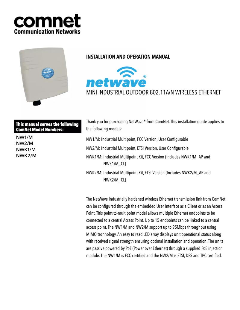 Page 1 de la notice Manuel utilisateur ComNet NetWave NW1/M