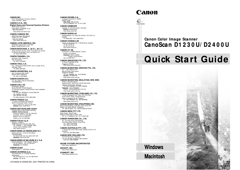 Page 1 de la notice Guide de démarrage rapide Canon CanoScan D2400UF