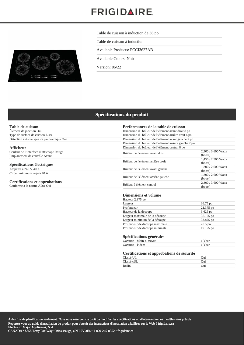 Page n°1 - Fiche technique Frigidaire FCCI3627AB