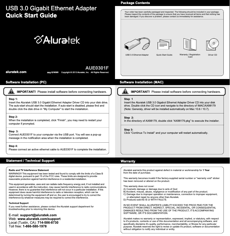 Page 1 de la notice Manuel utilisateur Aluratek AUE0301F
