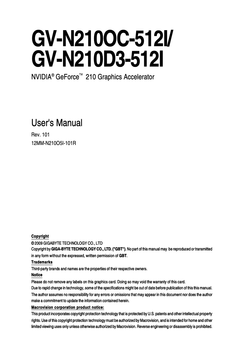 Page 1 de la notice Manuel utilisateur Gigabyte GV-N210OC-512I