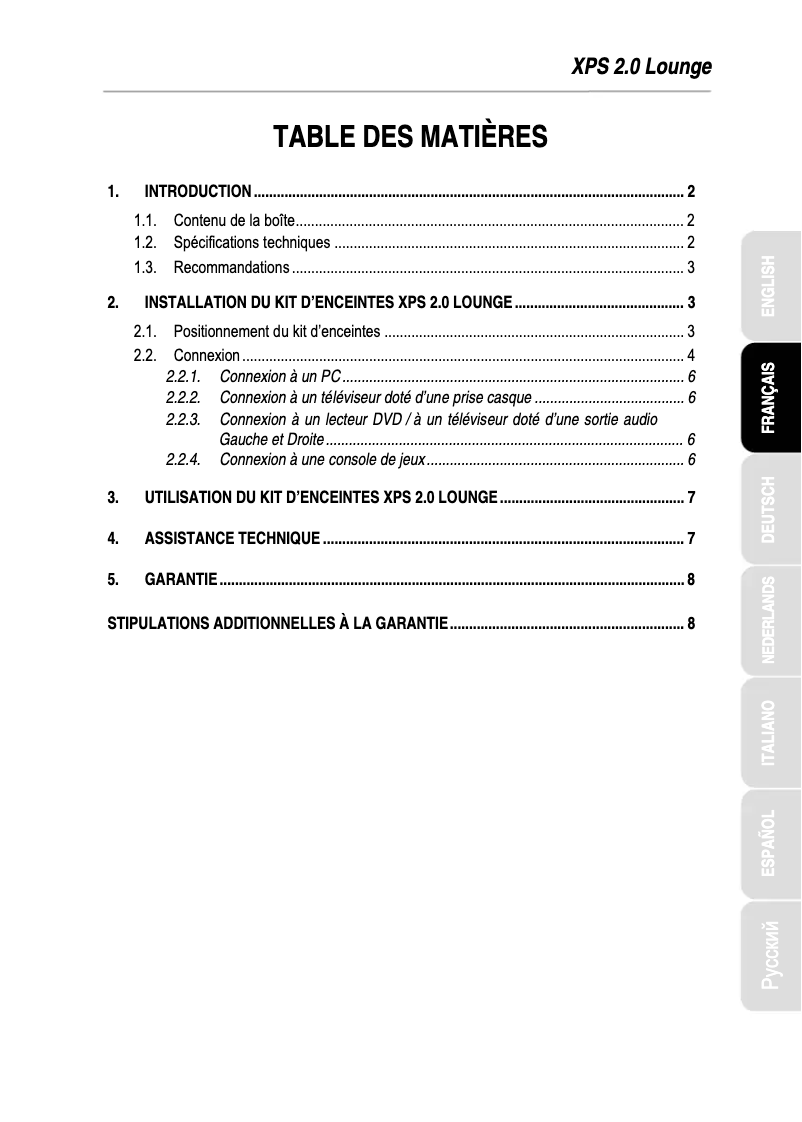 Image de la première page du manuel de l'appareil XPS 2.0 Lounge