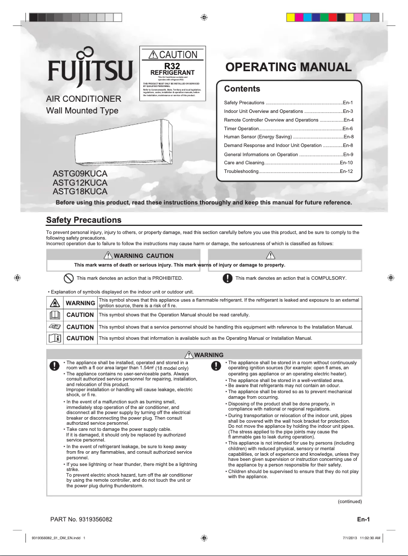 Page 1 de la notice Manuel utilisateur Fujitsu ASTG12KUCA