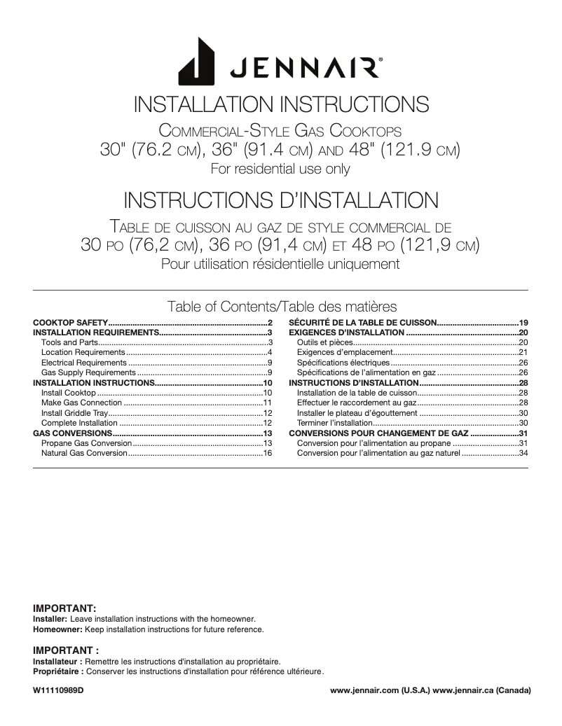 Page n°1 - Guide d'installation Jenn-Air JGCP748HL