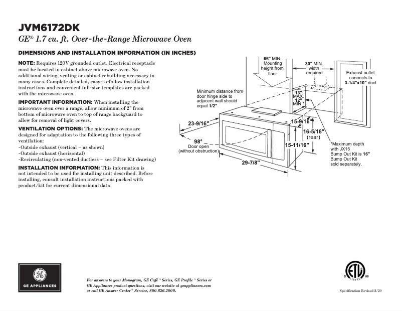 Page 1 de la notice Fiche technique GE JVM6172DKBB