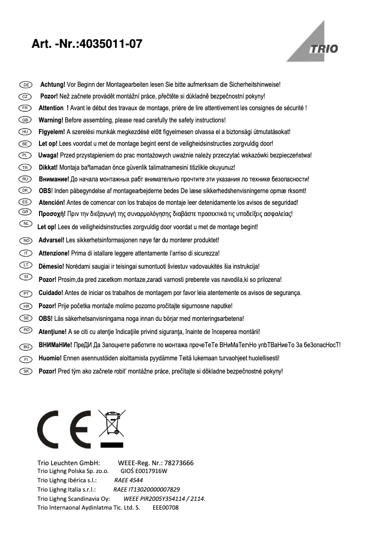 Page 1 de la notice Manuel utilisateur Trio Lighting Icaro 4035011-07