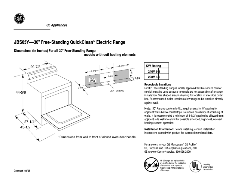 Page n°1 - Fiche technique GE JBS05YAD