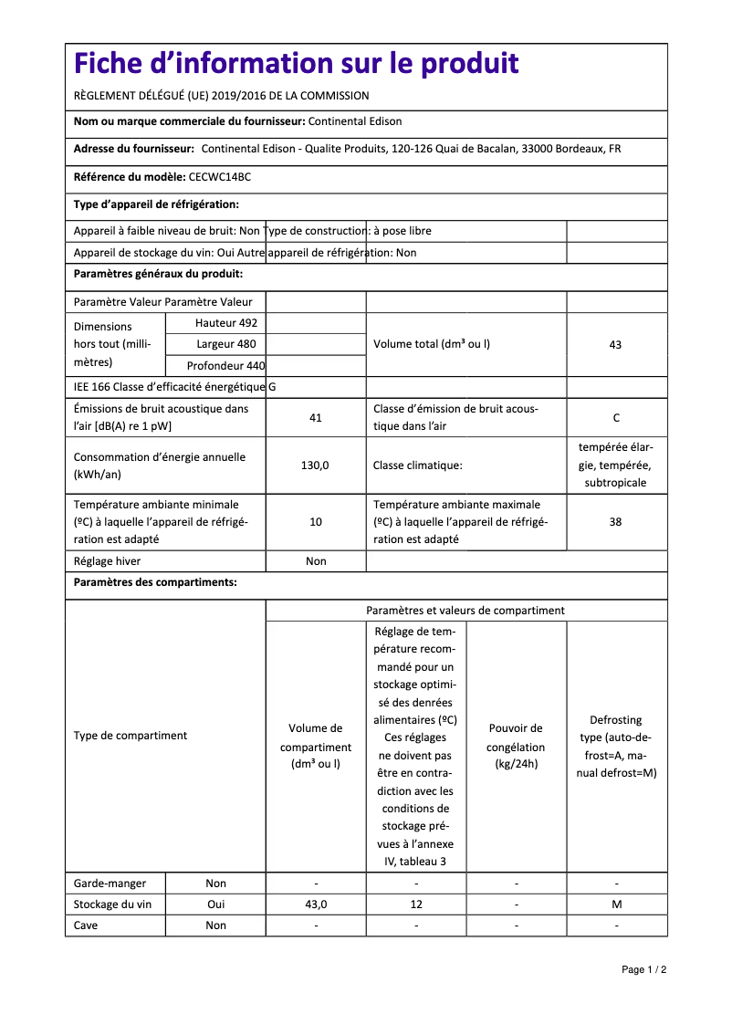 Page n°1 - Label énergétique Continental Edison CECWC14BC