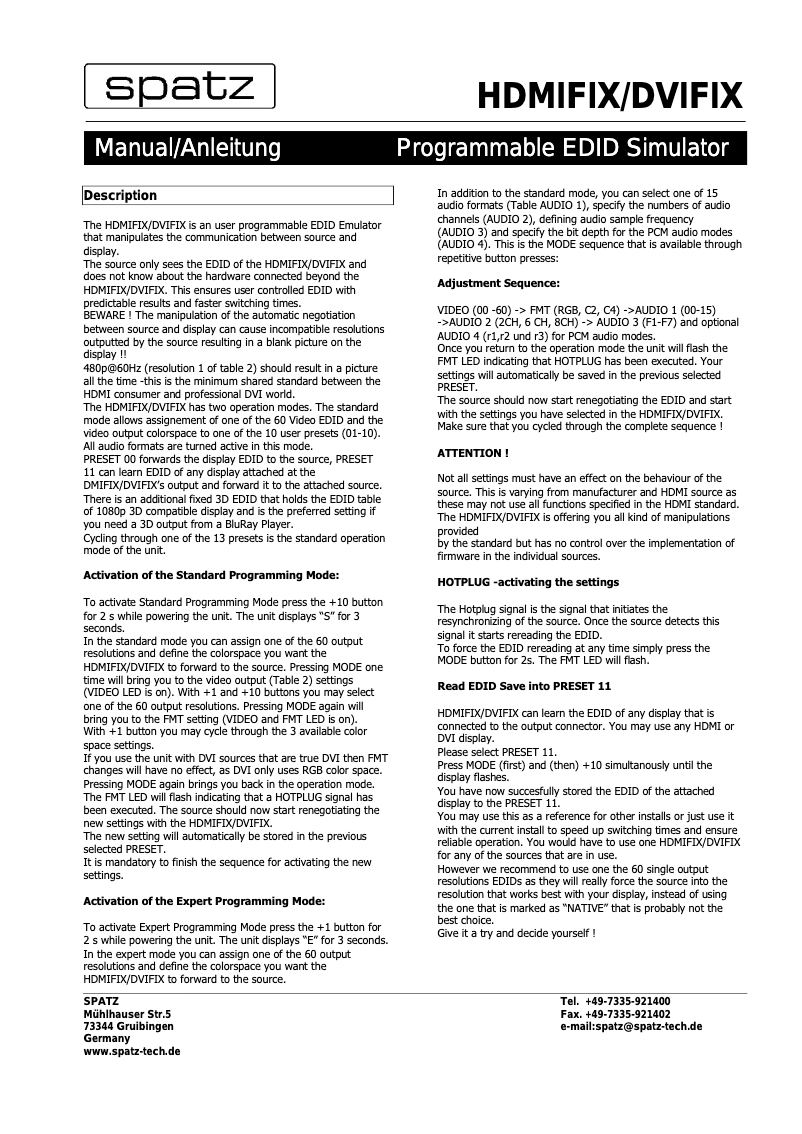 Page n°1 - Manuel utilisateur Spatz DVIFIX