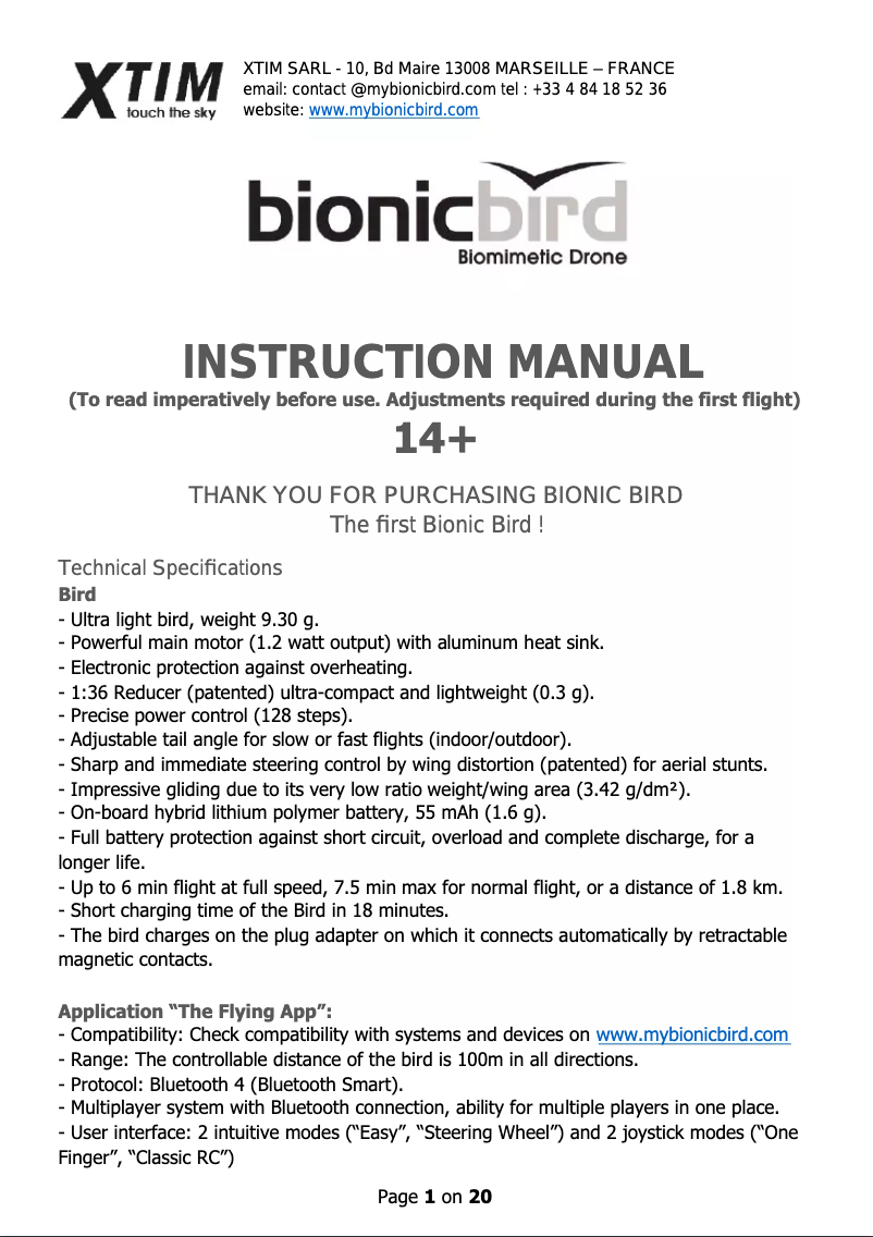 Page n°1 - Manuel utilisateur XTIM Bionic Bird
