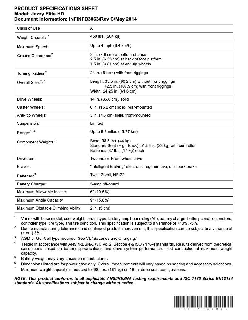 Page 1 de la notice Fiche technique Pride Jazzy Elite HD