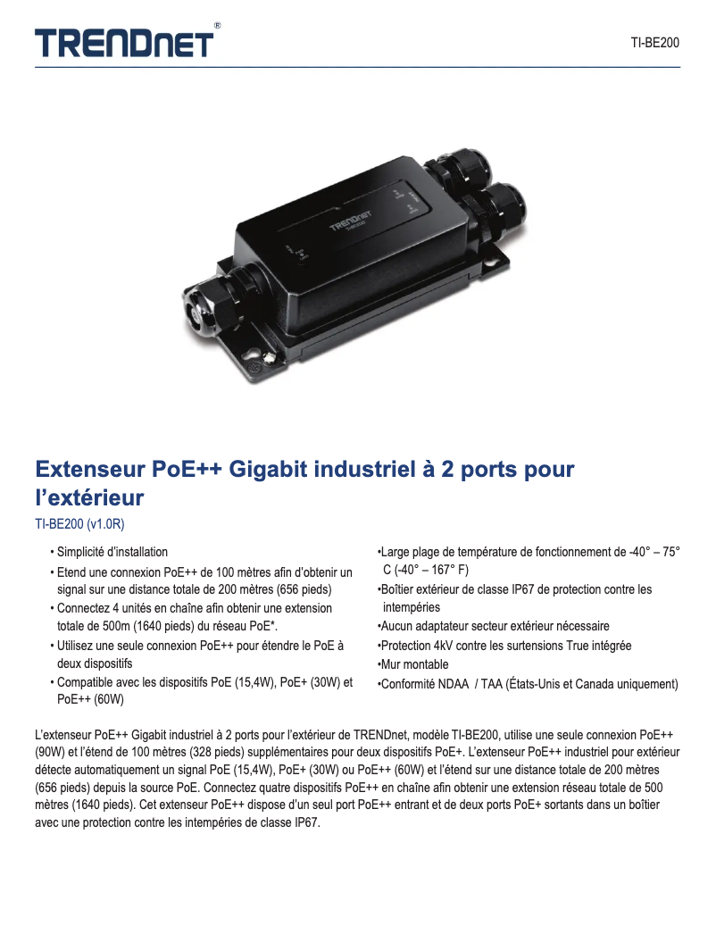 Page 1 de la notice Fiche technique TRENDnet TI-BE200