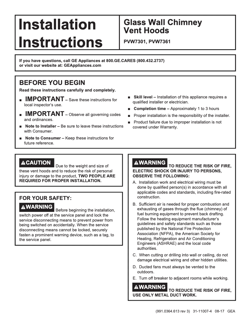 Page 1 de la notice Guide d'installation GE PVW7361EJES