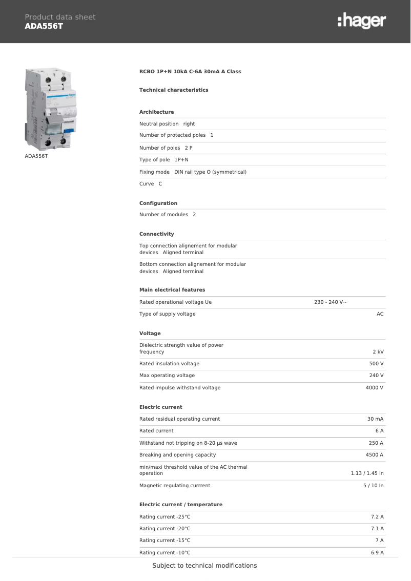 Página 1 del manual Ficha técnica Hager ADA556T