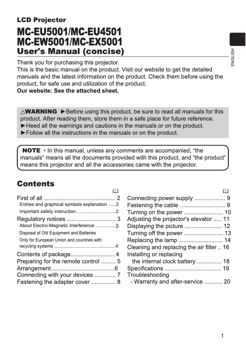 Page n°1 - Manuel utilisateur Hitachi MC-EW5001