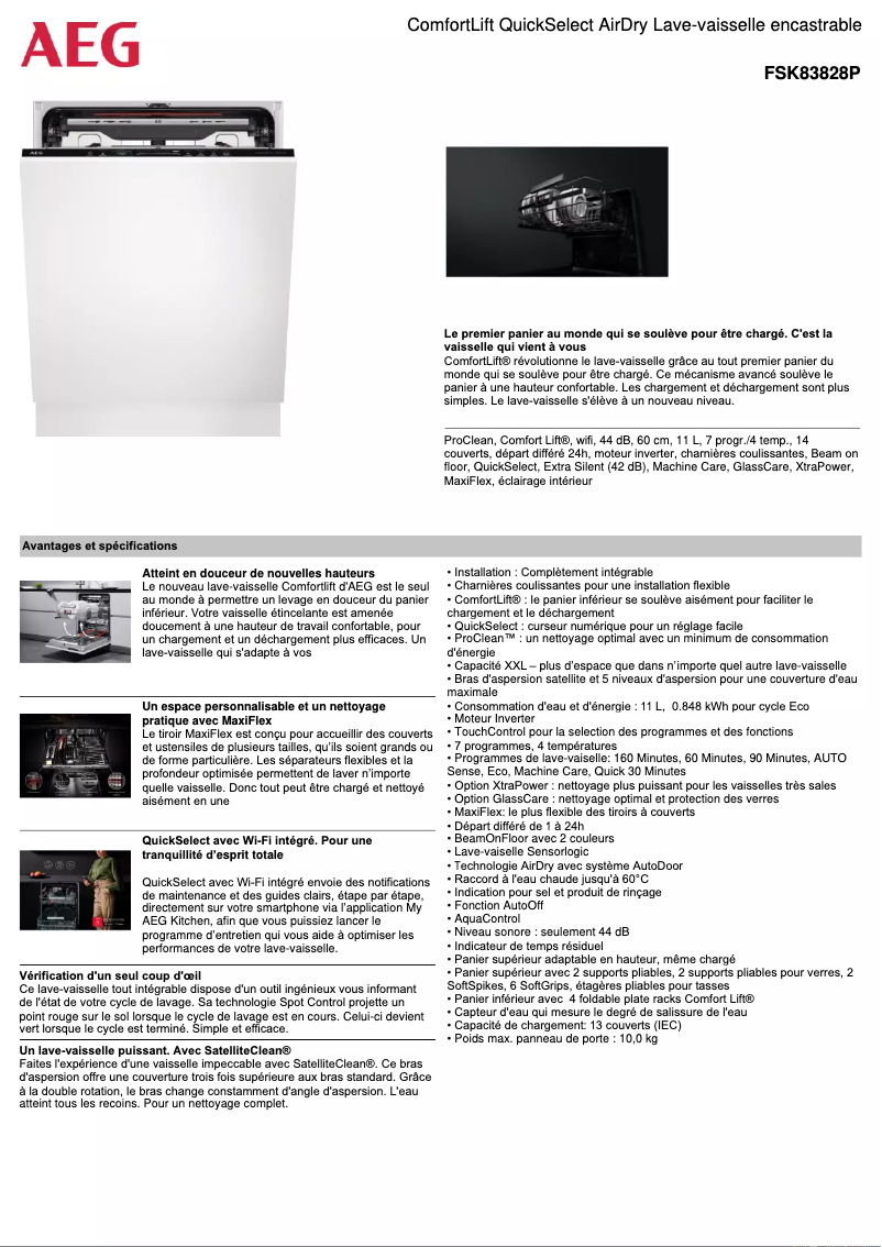Page 1 de la notice Fiche technique AEG FSK83828P