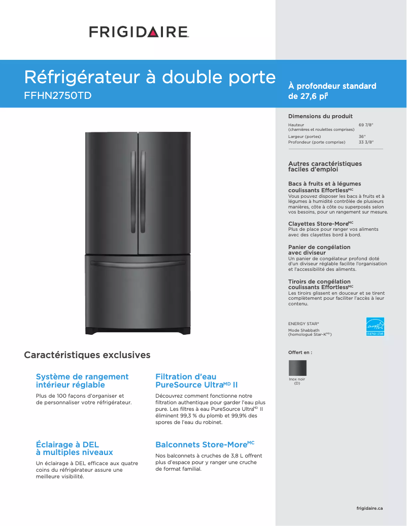 Page n°1 - Fiche technique Frigidaire FFHN2750TS