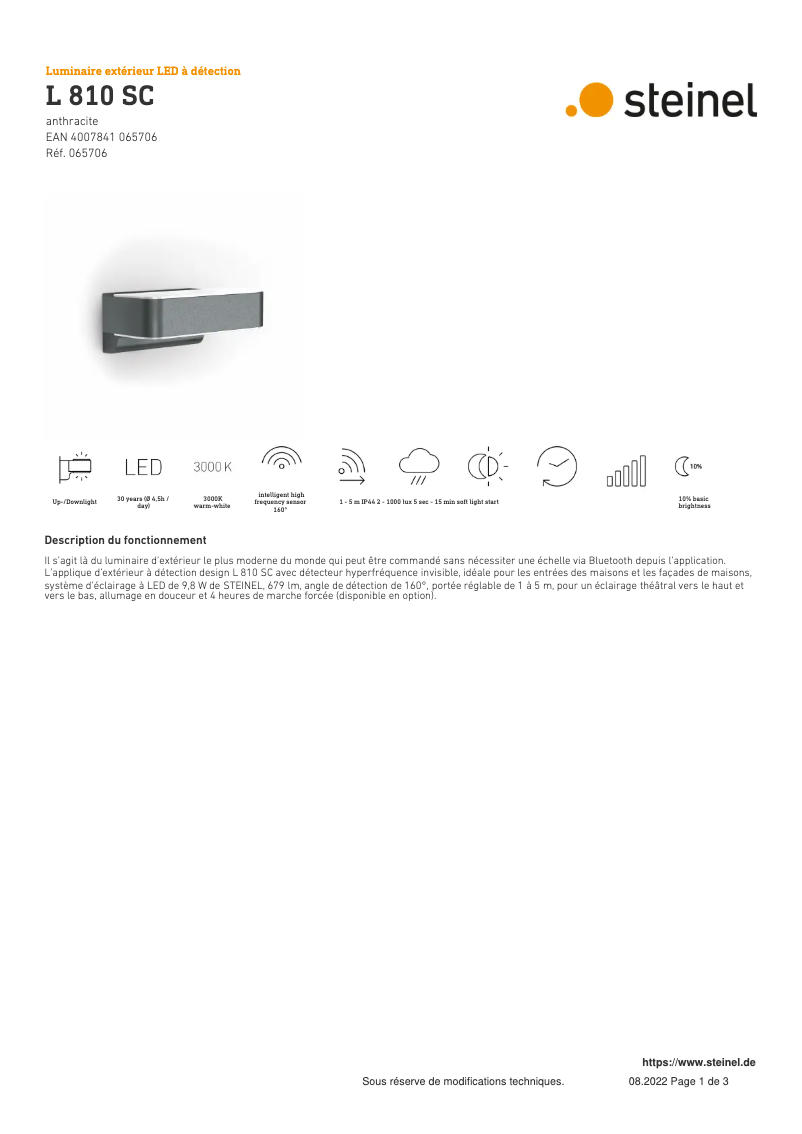 Page 1 de la notice Fiche technique Steinel L 810 SC