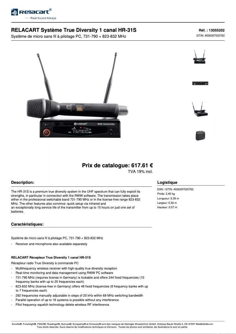 Page 1 de la notice Fiche technique Relacart HR-31S