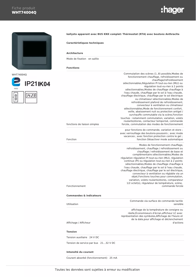 Page 1 de la notice Fiche technique Hager WHT74004Q