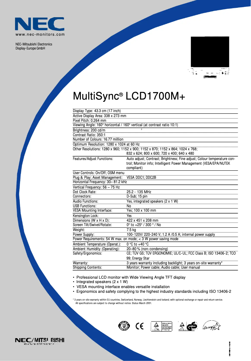 Page 1 de la notice Fiche technique NEC MultiSync LCD1700M+