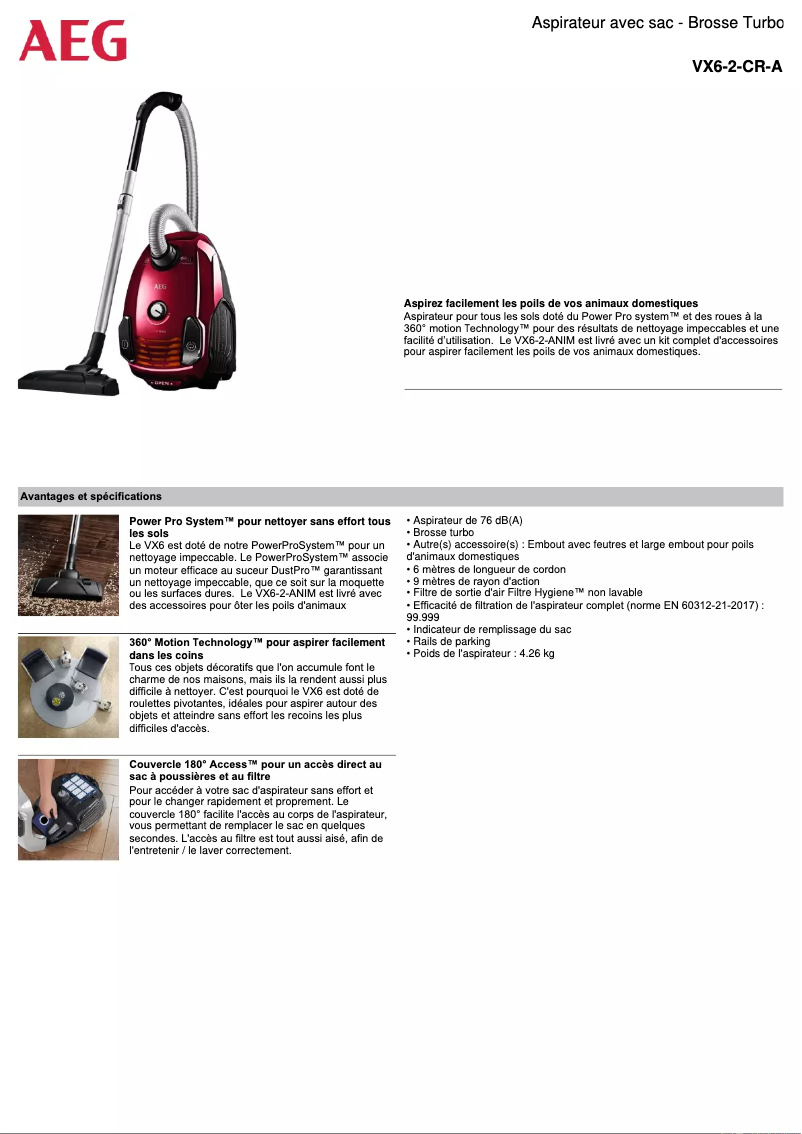 Page 1 de la notice Fiche technique AEG VX6-2-CR-A