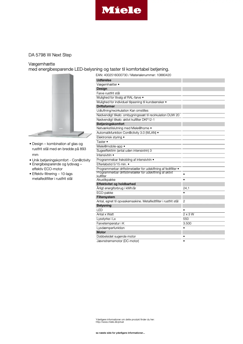 Page 1 de la notice Fiche technique Miele DA 5798 W Next Step