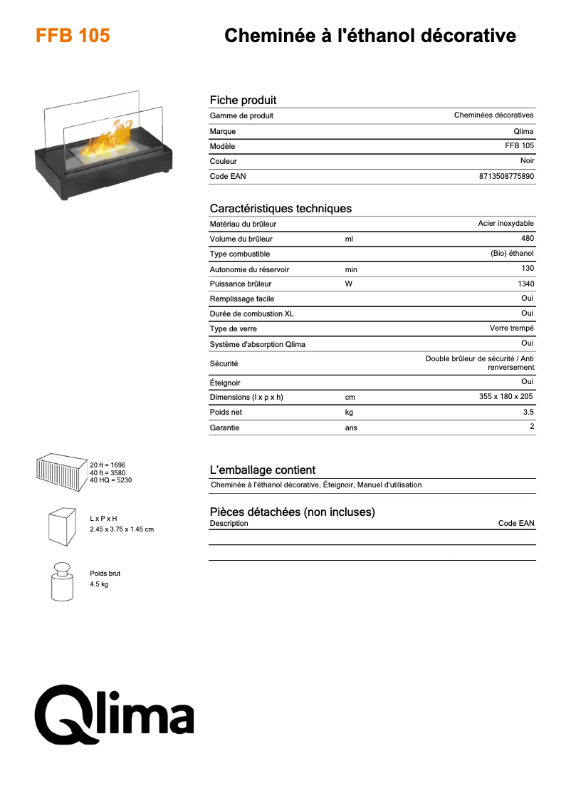 Page n°1 - Fiche technique Qlima FFB 105