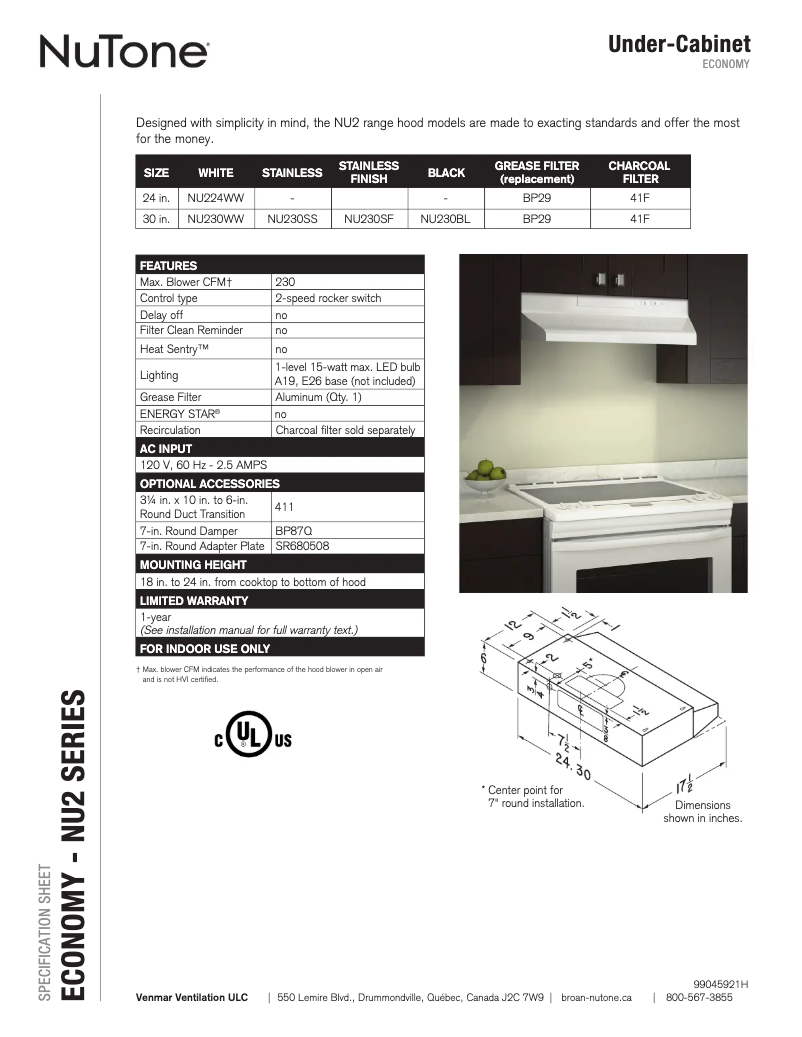 Page 1 de la notice Fiche technique NuTone NU230BL