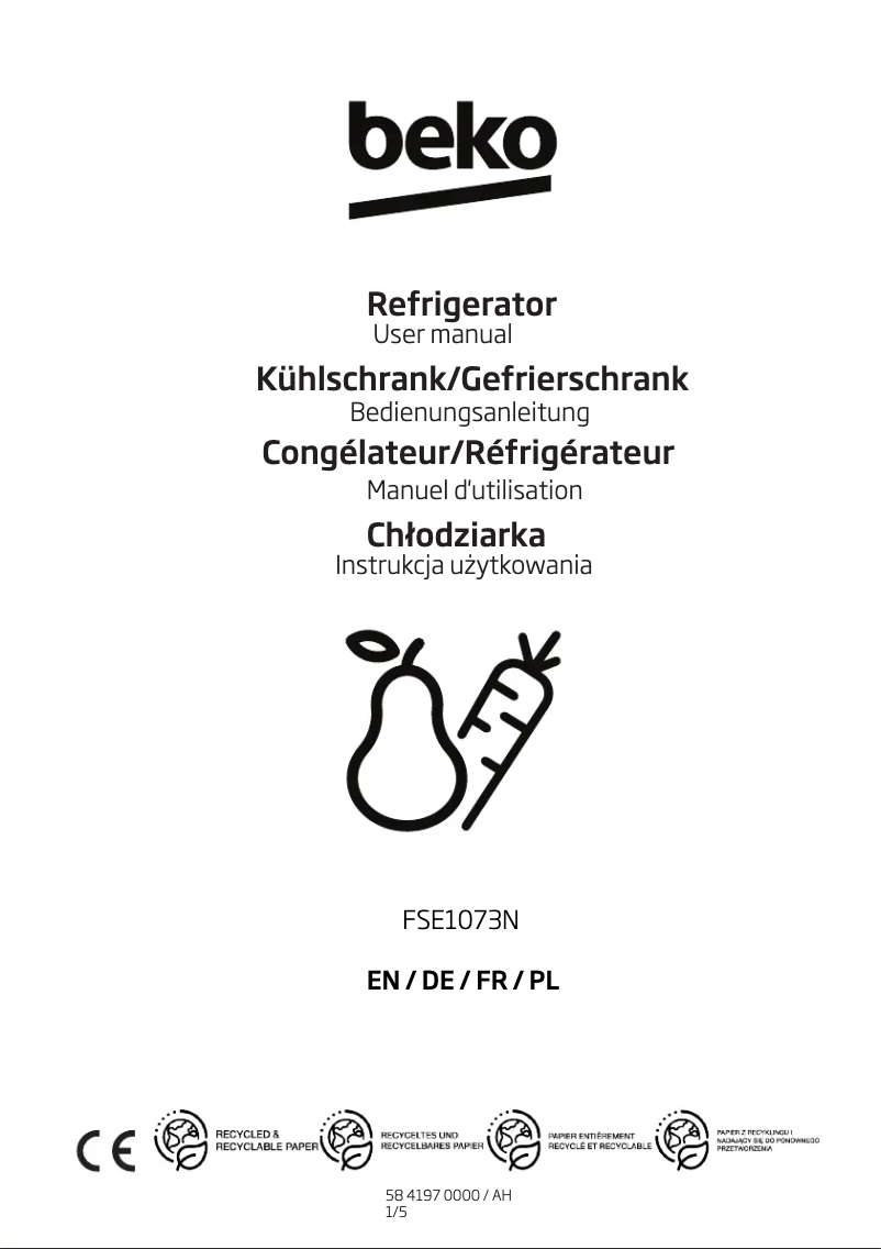 Page 1 de la notice Manuel utilisateur Beko FSE 1073 N