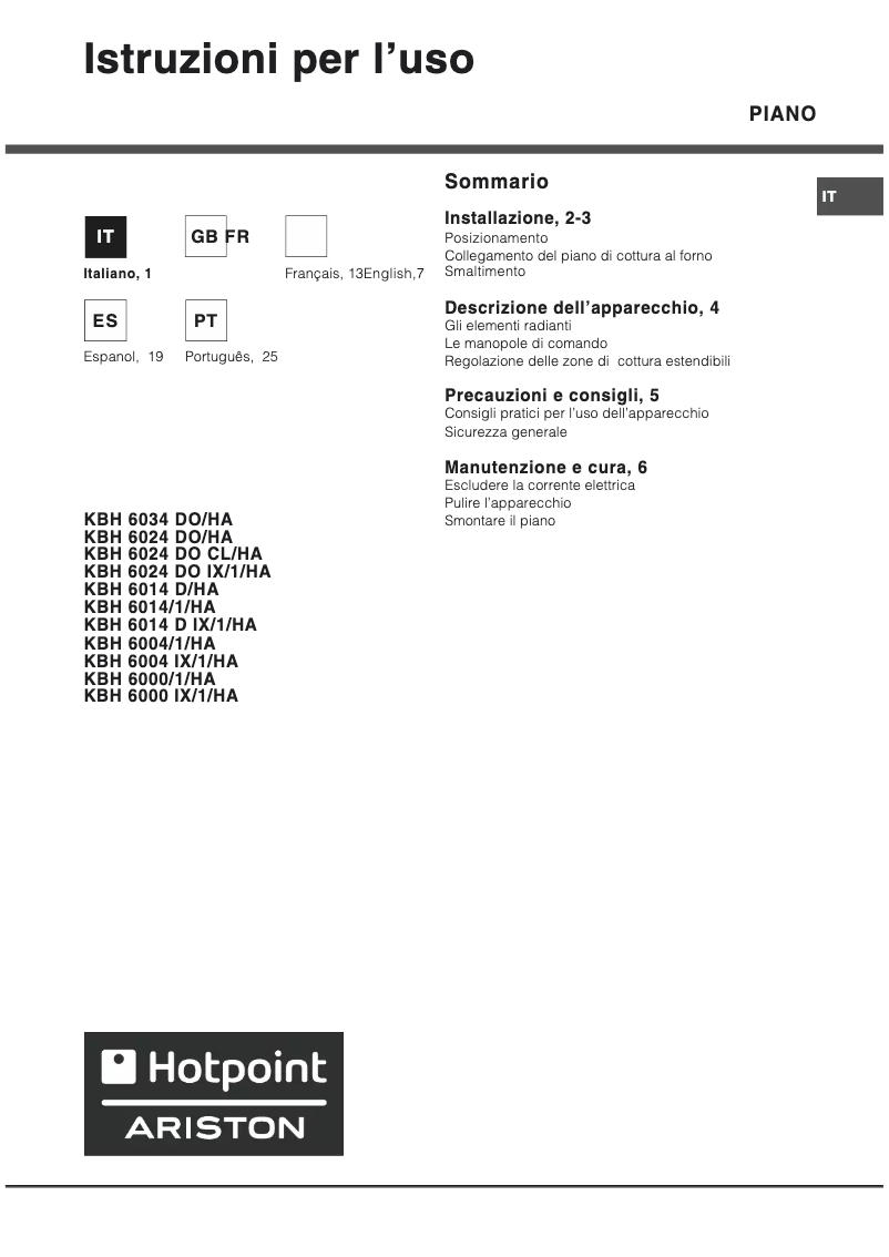Page 1 de la notice Manuel utilisateur Hotpoint Ariston KBH 6014 D IX 1 HA