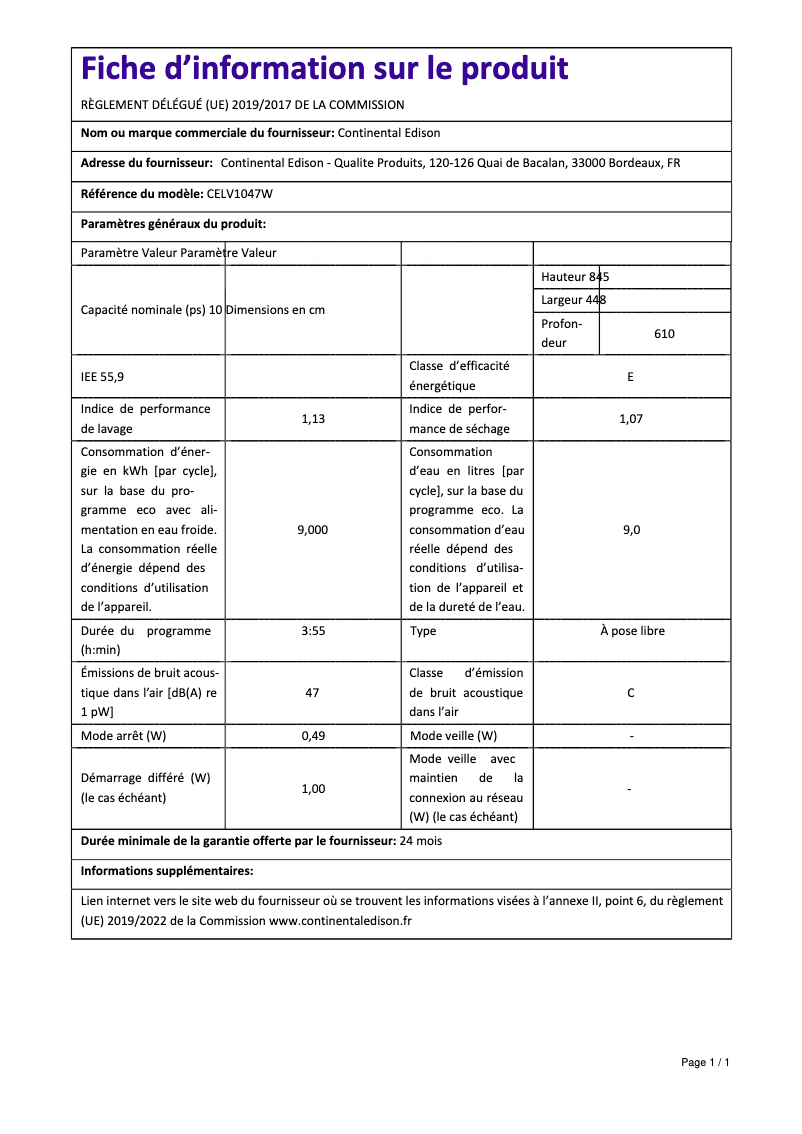 Image de la première page du manuel de l'appareil CELV1047S