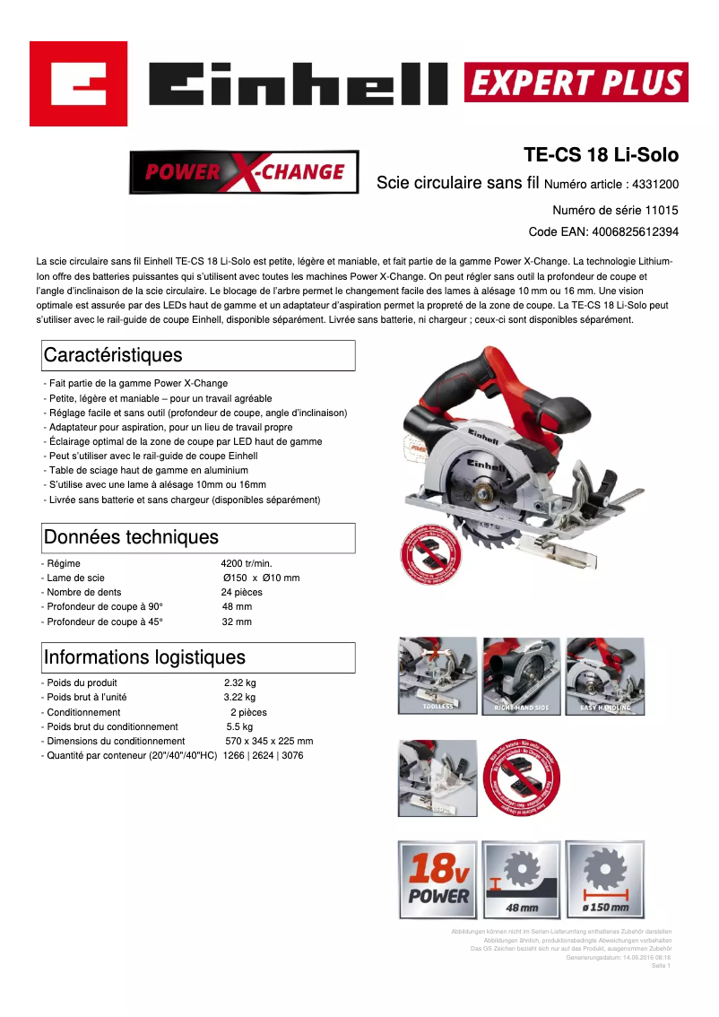 Page 1 de la notice Fiche technique Einhell TE-CS 18 Li-Solo