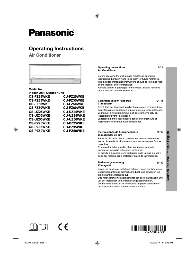 Page 1 de la notice Manuel utilisateur Panasonic CU-UZ50WKE