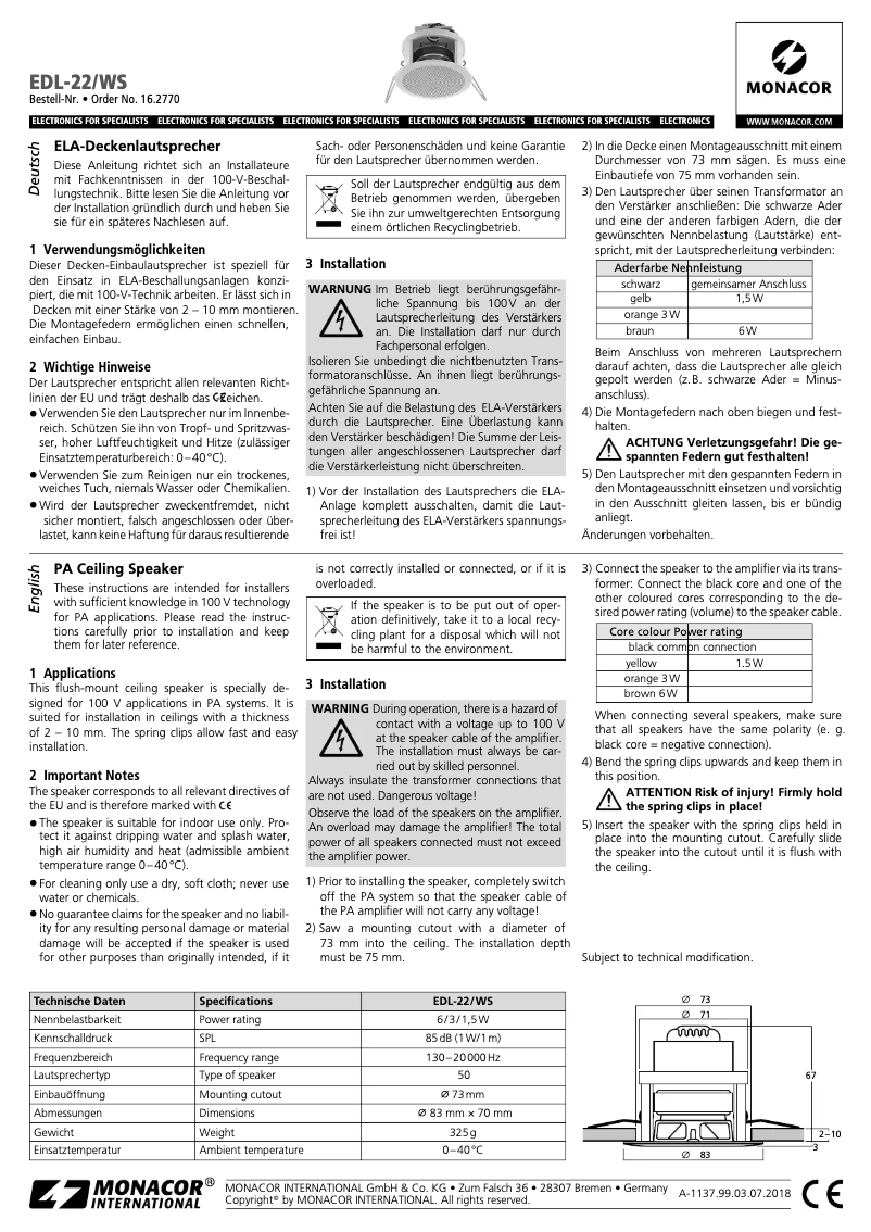 Imagen de la primera página del manual del dispositivo EDL-22/WS
