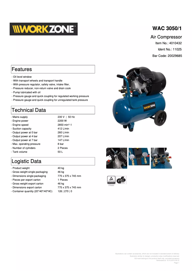 Page 1 de la notice Fiche technique Workzone WAC 3050/1