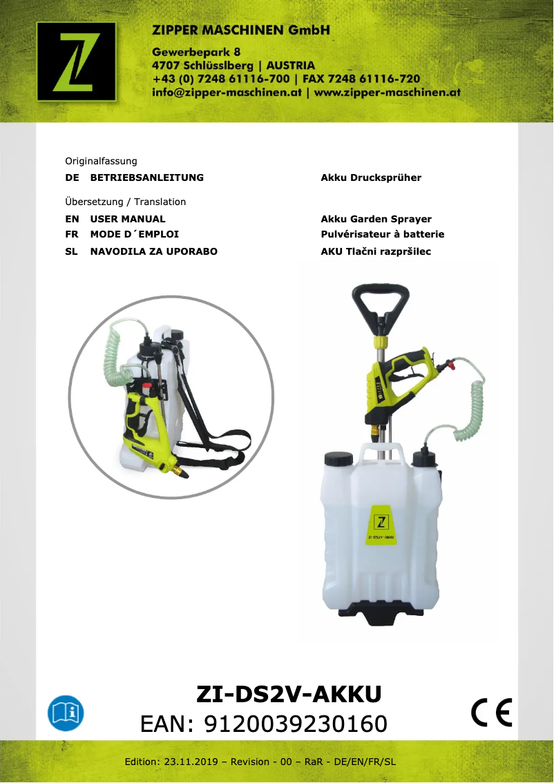 Page 1 de la notice Manuel utilisateur Zipper ZI-DS2V-AKKU