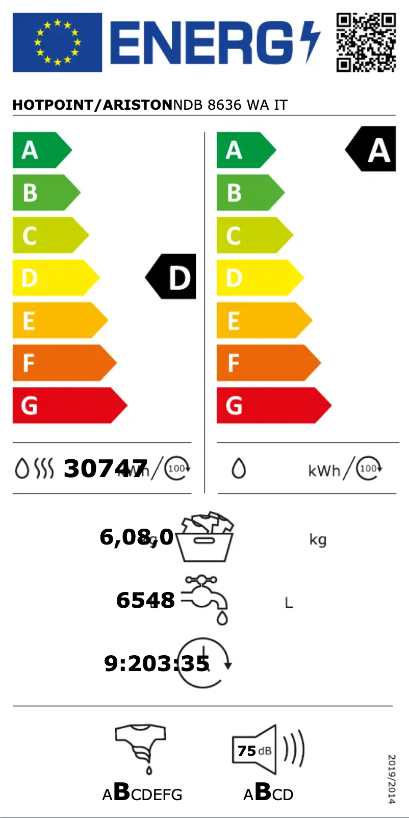 Page 1 de la notice Manuel utilisateur Hotpoint NDB 8636 WA IT